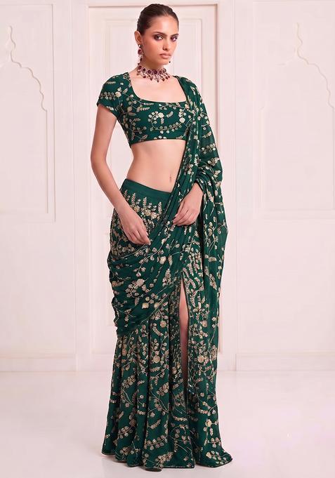 Emerald Green Embroidered Crepe Pre Draped Saree Set
