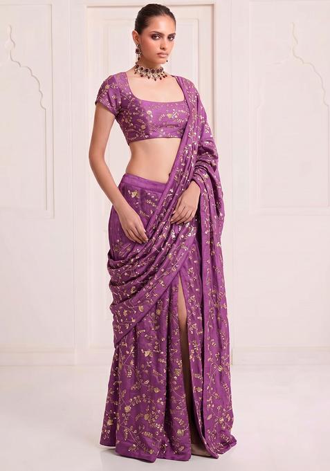 Mauve Purple Embroidered Crepe Pre Draped Saree Set