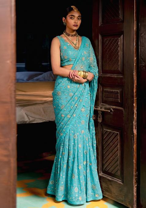 Turquoise Blue Embroidered Tissue Pre Draped Saree Set