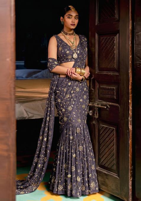 Mauve Embroidered Tissue Pre Draped Saree Set