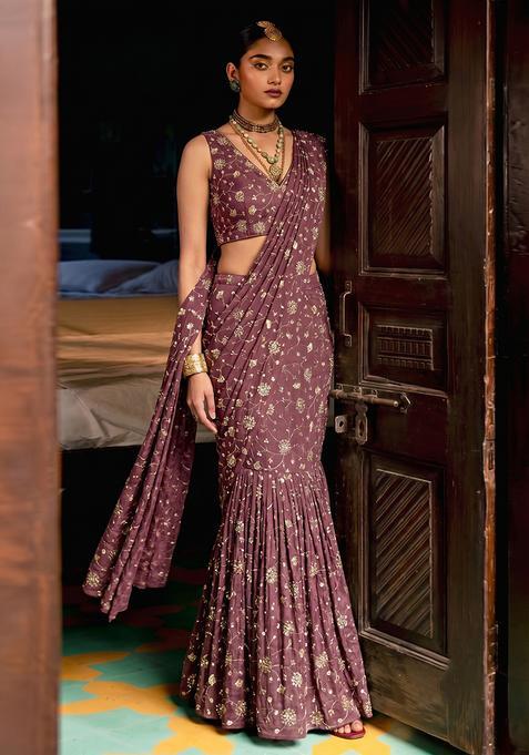 Dusty Pink Embroidered Tissue Pre Draped Saree Set