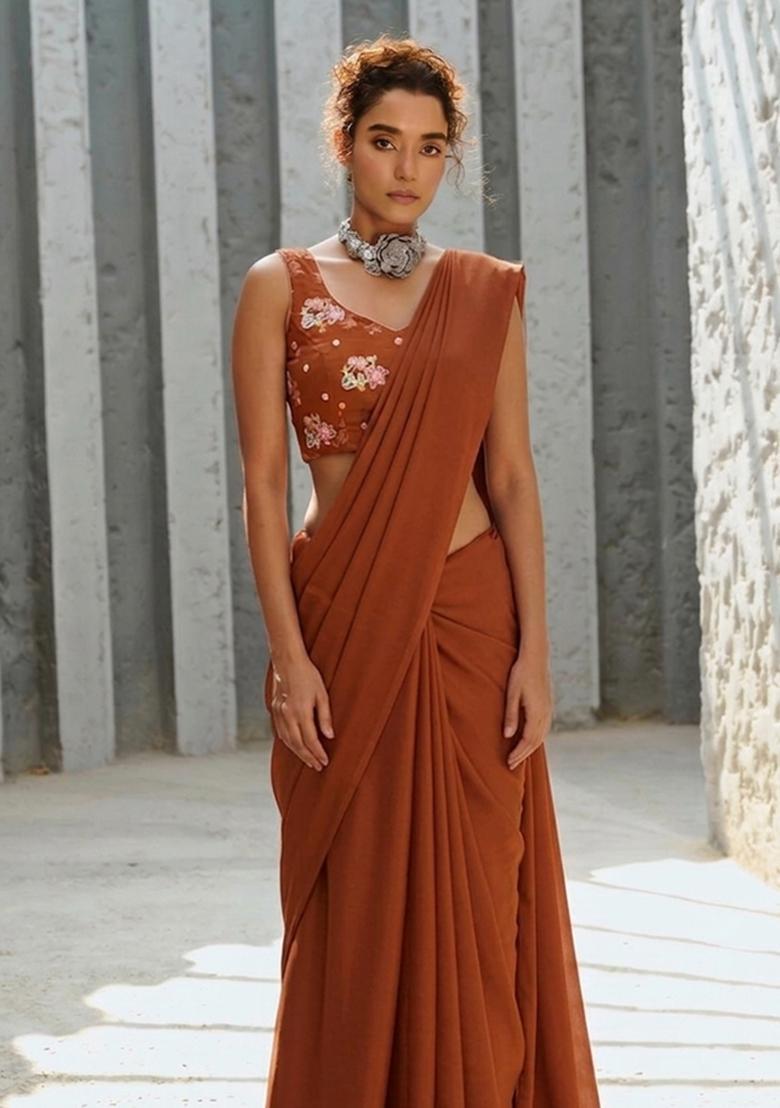 Rust Orange Embroidered Organza Pre Draped Saree Set - Indya
