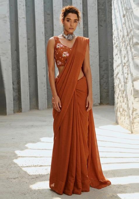 Rust Orange Embroidered Organza Pre Draped Saree Set