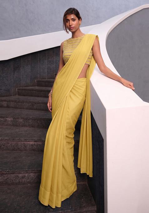 Mustard Sequin Silk Pre Draped Saree Set