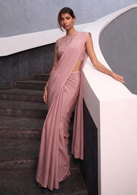 Dusty Pink Sequin Silk Blend Pre Draped Saree Set