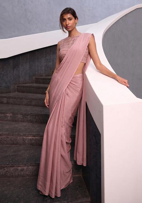Dusty Pink Sequin Silk Pre Draped Saree Set