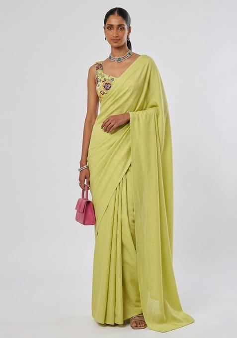Lime Green Embroidered Tissue Pre Draped Saree Set