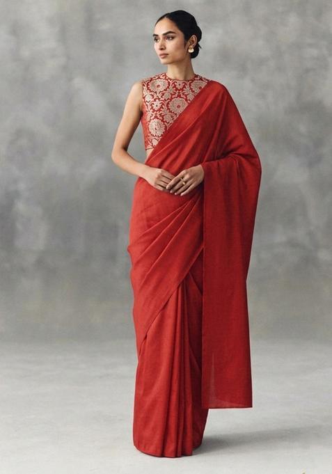 Red Silk Pre Draped Saree Set