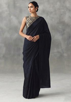 Black Silk Blend Pre Draped Saree Set
