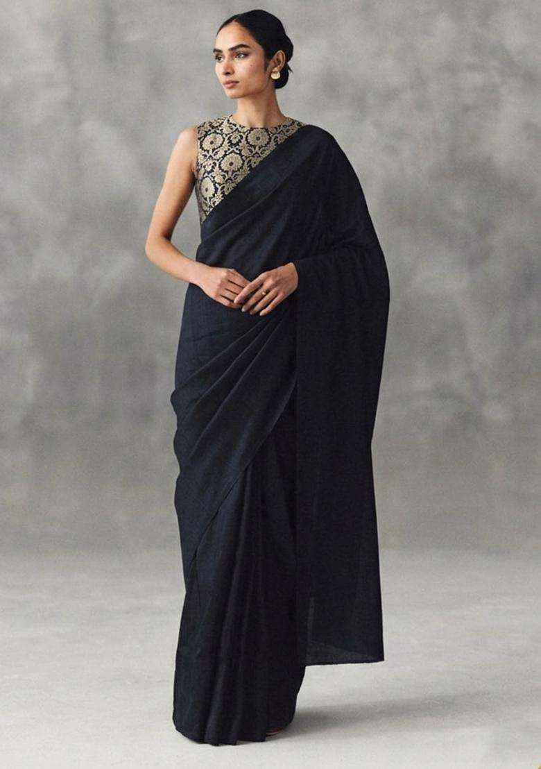 Black Silk Blend Pre Draped Saree Set - Indya