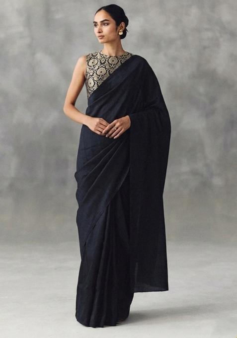 Black Silk Pre Draped Saree Set