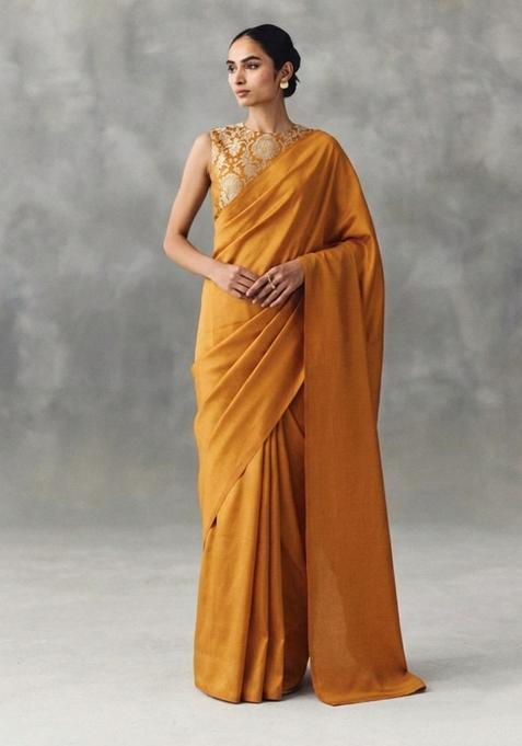 Mustard Silk Pre Draped Saree Set