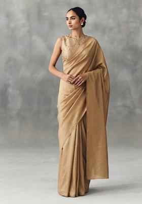 Gold Silk Blend Pre Draped Saree Set