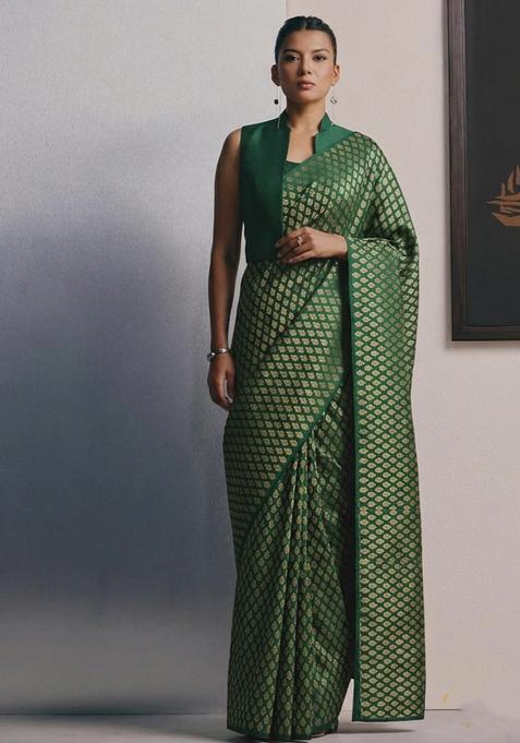 Emerald Green Brocade Pre Draped Saree Set