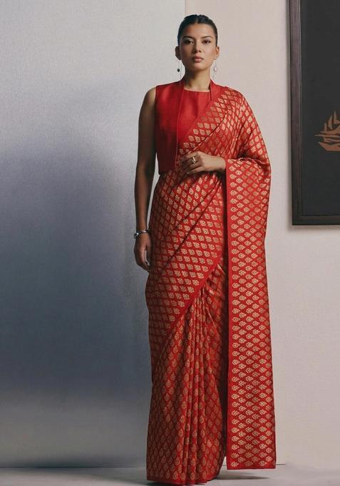 Red Brocade Pre Draped Saree Set