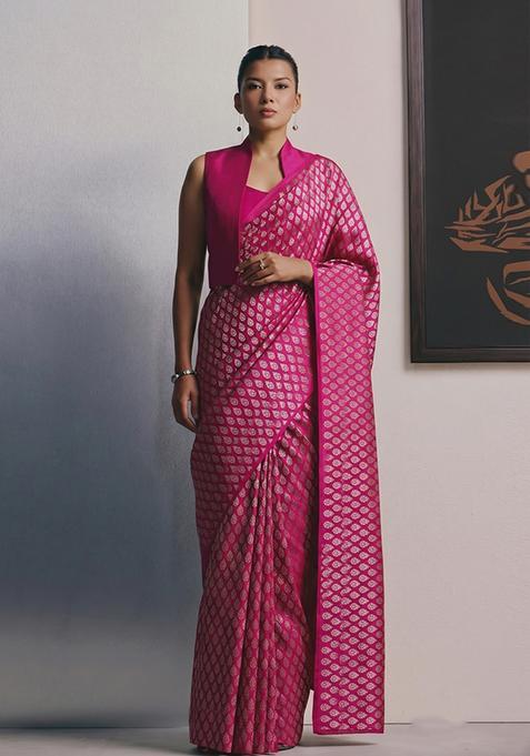 Magenta Brocade Pre Draped Saree Set