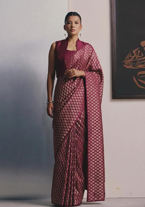 Maroon Brocade Pre Draped Saree Set