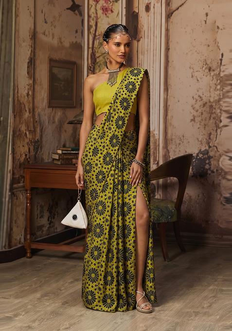 Lime Green Printed Satin Pre Draped Saree Set