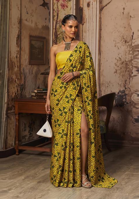 Mustard Printed Satin Pre Draped Saree Set