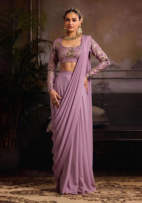 Lavender Embroidered Crepe Pre Draped Saree Set