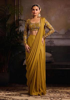 Mustard Embroidered Crepe Pre Draped Saree Set