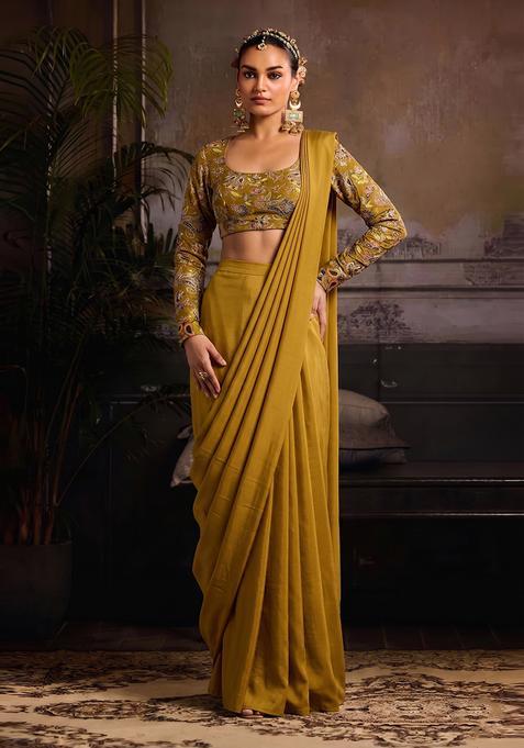 Mustard Embroidered Crepe Pre Draped Saree Set