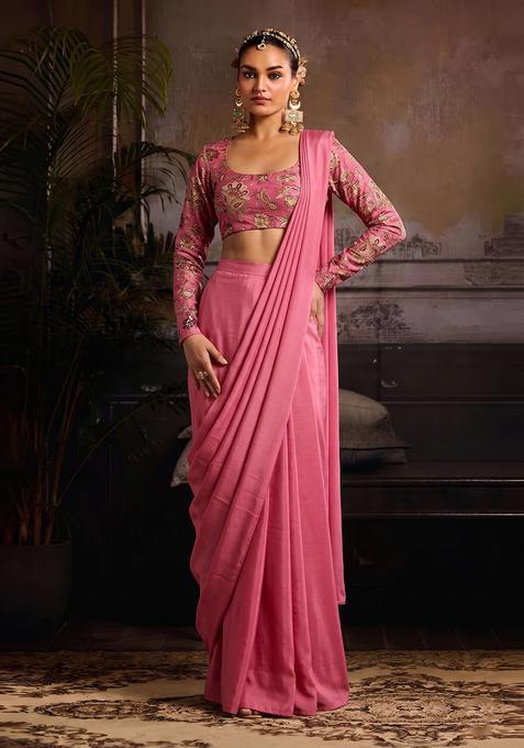 Pink Embroidered Crepe Pre Draped Saree Set