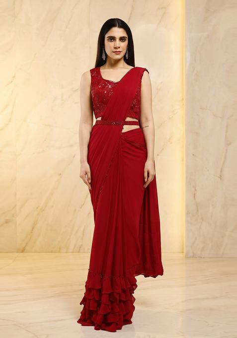 Maroon Embroidered Handwork Pre Draped Saree Set