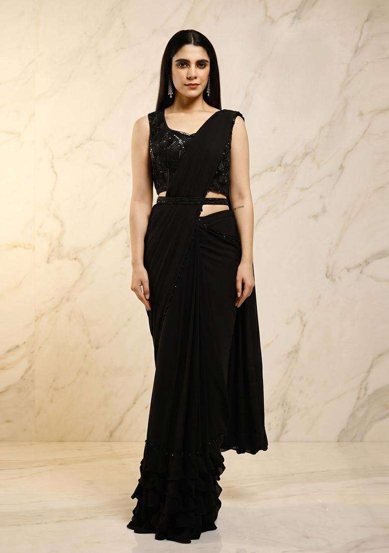 Black Embroidered Handwork Pre Draped Saree Set - Indya