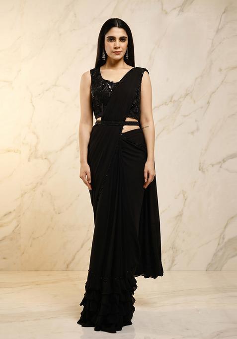 Black Embroidered Handwork Pre Draped Saree Set