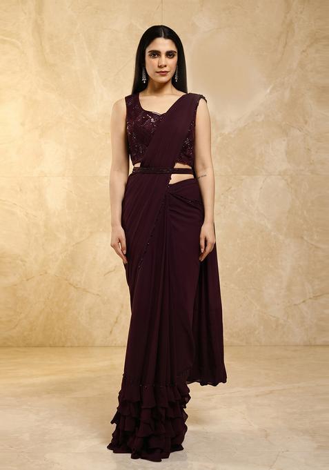 Dark Brown Embroidered Handwork Pre Draped Saree Set