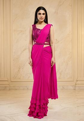 Magenta Embroidered Handwork Pre Draped Saree Set