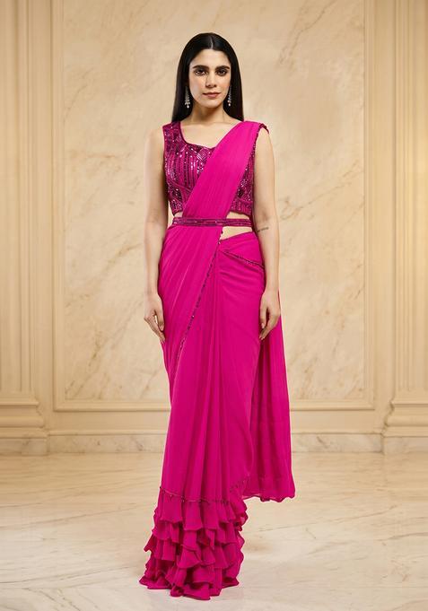 Magenta Embroidered Handwork Pre Draped Saree Set