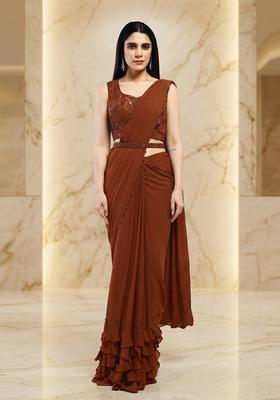 Chocolate Brown Embroidered Handwork Pre Draped Saree Set