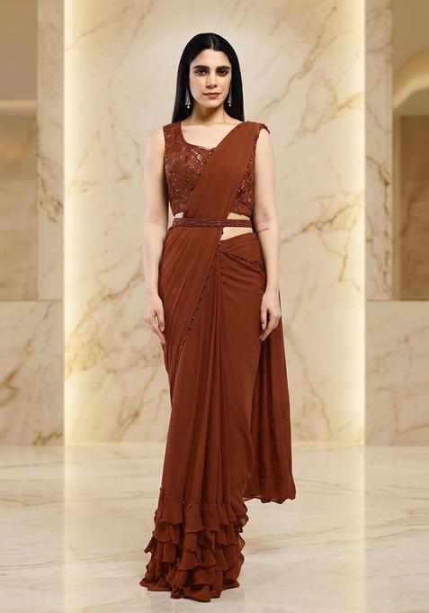 Chocolate Brown Embroidered Handwork Pre Draped Saree Set