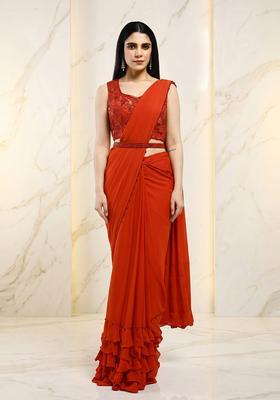 Bright Orange Embroidered Handwork Pre Draped Saree Set