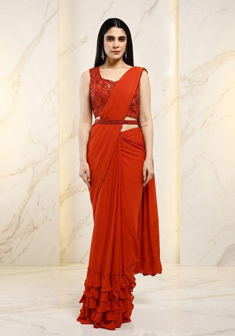 Bright Orange Embroidered Handwork Pre Draped Saree Set