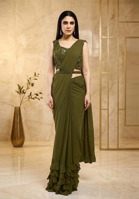 Olive Green Embroidered Handwork Pre Draped Saree Set