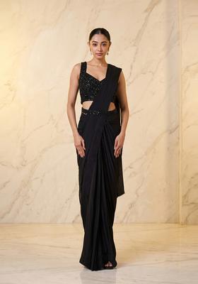 Black Embroidered Handwork Pre Draped Saree Set
