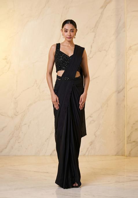 Black Embroidered Handwork Pre Draped Saree Set
