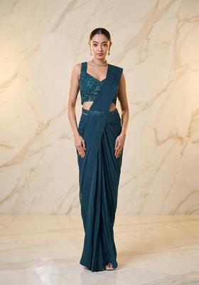 Teal Blue Embroidered Handwork Pre Draped Saree Set
