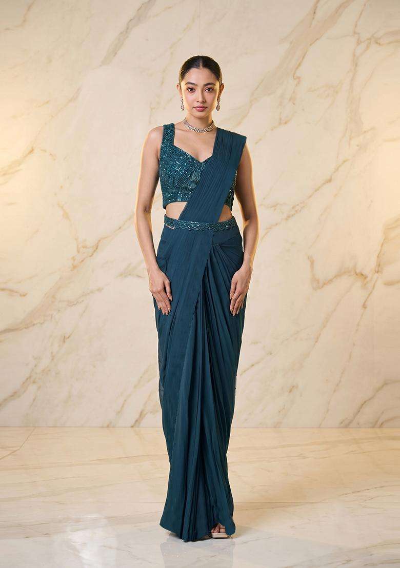 Teal Blue Embroidered Handwork Pre Draped Saree Set - Indya