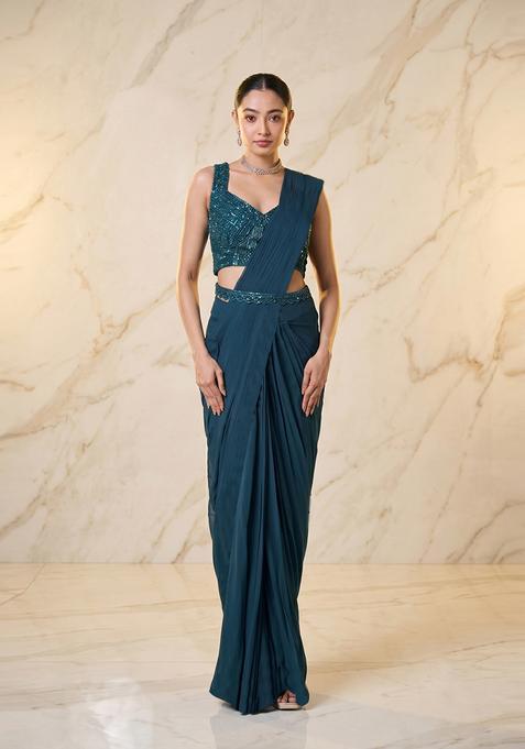 Teal Blue Embroidered Handwork Pre Draped Saree Set