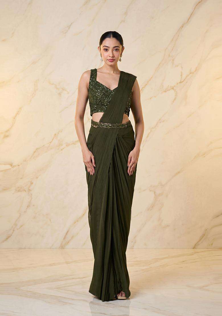 Forest Green Embroidered Handwork Pre Draped Saree Set - Indya