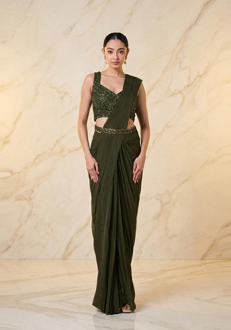 Forest Green Embroidered Handwork Pre Draped Saree Set