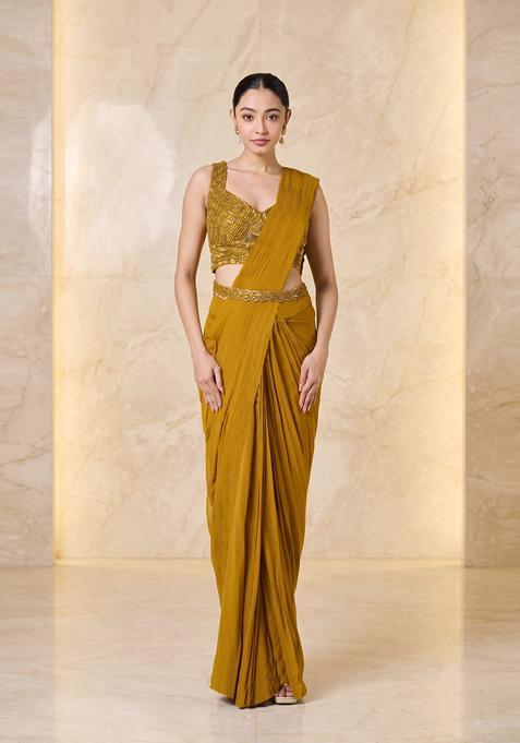 Olive Green Embroidered Handwork Pre Draped Saree Set
