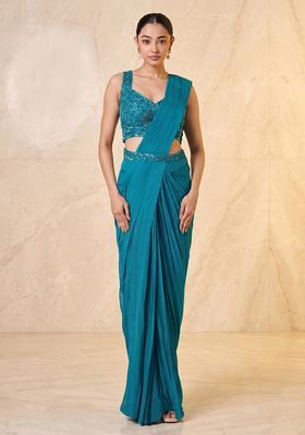 Deep Teal Embroidered Handwork Pre Draped Saree Set