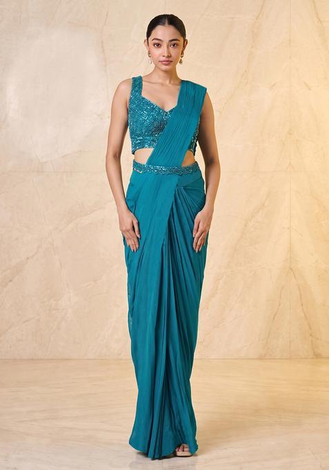 Deep Teal Embroidered Handwork Pre Draped Saree Set