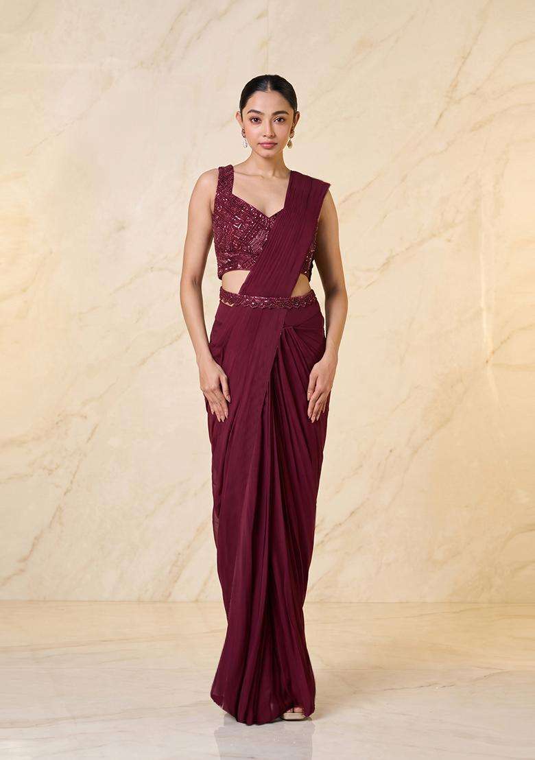 Plum Embroidered Handwork Pre Draped Saree Set - Indya