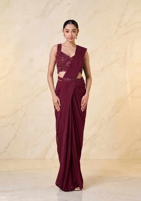 Plum Embroidered Handwork Pre Draped Saree Set